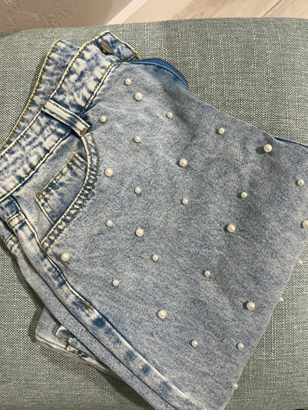 Pearl-Embellished Light Wash Denim Skirt